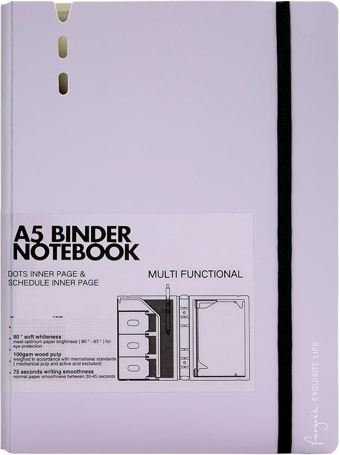 CAGIE A5 Binder 6 Ring Notebook with Dividers Refillable Planner Binder with Pockets, Refill Paper Include Planning Square Ruled and Dotted Pages, 6.89 x 9.25 In, (Purple, A5 Daily&Dot Page)