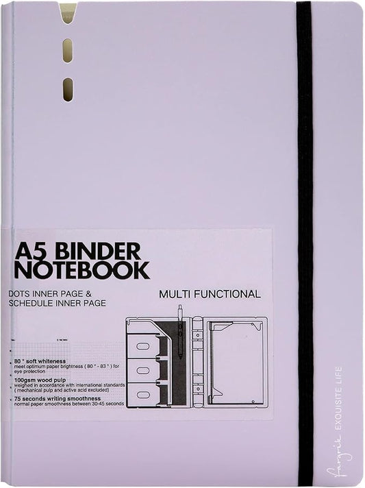 CAGIE A5 Binder 6 Ring Notebook with Dividers Refillable Planner Binder with Pockets, Refill Paper Include Planning Square Ruled and Dotted Pages, 6.89 x 9.25 In, (Purple, A5 Daily&Dot Page)