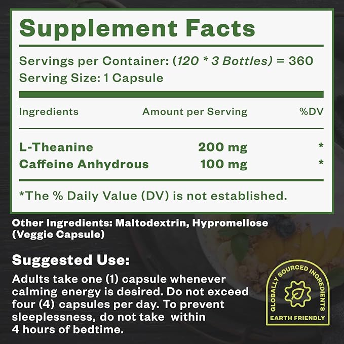 Caffeine Theanine Capsules Pills 100mg Caffeine + 200mg L Theanine for Pre Workout Energy, and Clarity Energy Pills for Fatigue, Nootropic Supplement, 120 Day Supply, Pack of 3