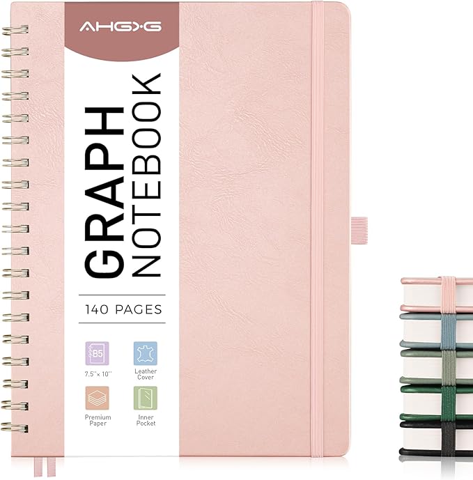 AHGXG Graph Paper Notebook - B5 Large Spiral Notebook Hardcover Leather Journal 140 Pages, Grid Notebook 7.6" x 10", 100 gsm Thick Paper, for School Writing Graphing Engineering Math, Rose Gold