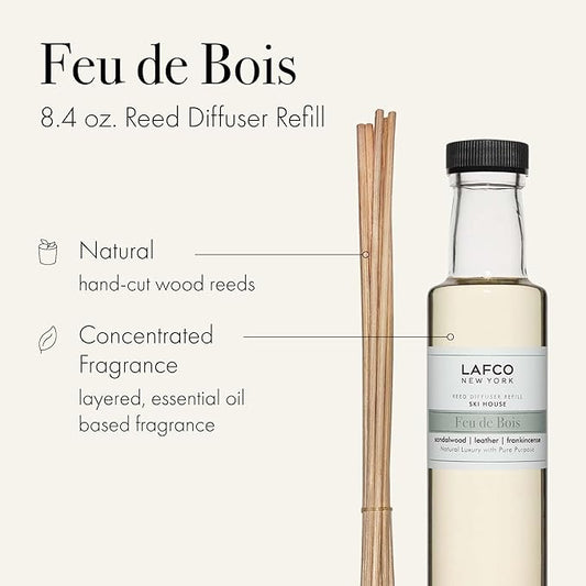 LAFCO New York Reed Diffuser Refill, Feu de Bois - 8.4 oz - Up to 4-Month Fragrance Life - Includes Natural Wood Reeds - Free of Dyes & Propellants - Made in the USA