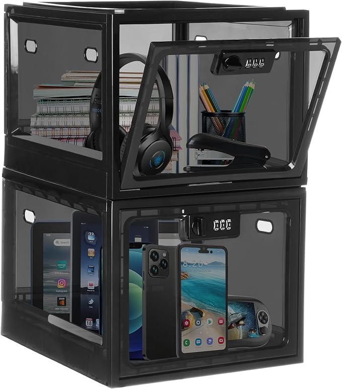 Lalifebuss Combination Lock Boxes for Personal Items, Lockable Storage Box for Office Locker/School/Medicine/Snacks/Phone Jail/Electronic/Home (2 Pack/Black)