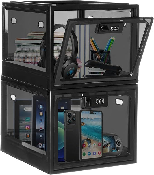 Lalifebuss Combination Lock Boxes for Personal Items, Lockable Storage Box for Office Locker/School/Medicine/Snacks/Phone Jail/Electronic/Home (2 Pack/Black)