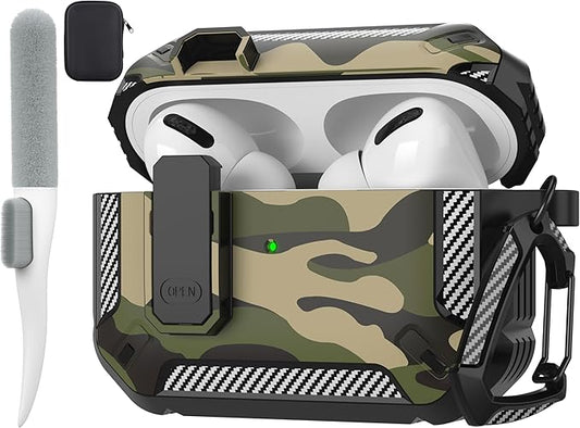 Maxjoy for AirPods Pro Case Cover with Lock, AirPods Pro 1st Generation Case for Men Military Rugged Protective Cover with Keychain Compatible with Apple AirPod Pros 2019 Front LED Visible,Jungle Camo