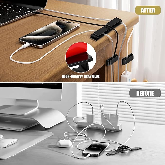 Self Adhesive Cable Management Clips, Line Clips, Cable Organizers, TV PC Line Clips, Ethernet Cable Clips Under Desks - Durable PA66 Material, Easy to Install (Black 50Pcs)