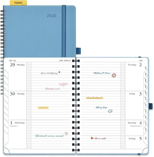 POPRUN 2026 Weekly and Monthly Planner Calendar, January 2026 - December 2026,Medium-6.75" x 8.75" Spiral Bound Appointment Book, Includes Monthly Tabs, Inner Pocket,Soft Cover - Aquamarine