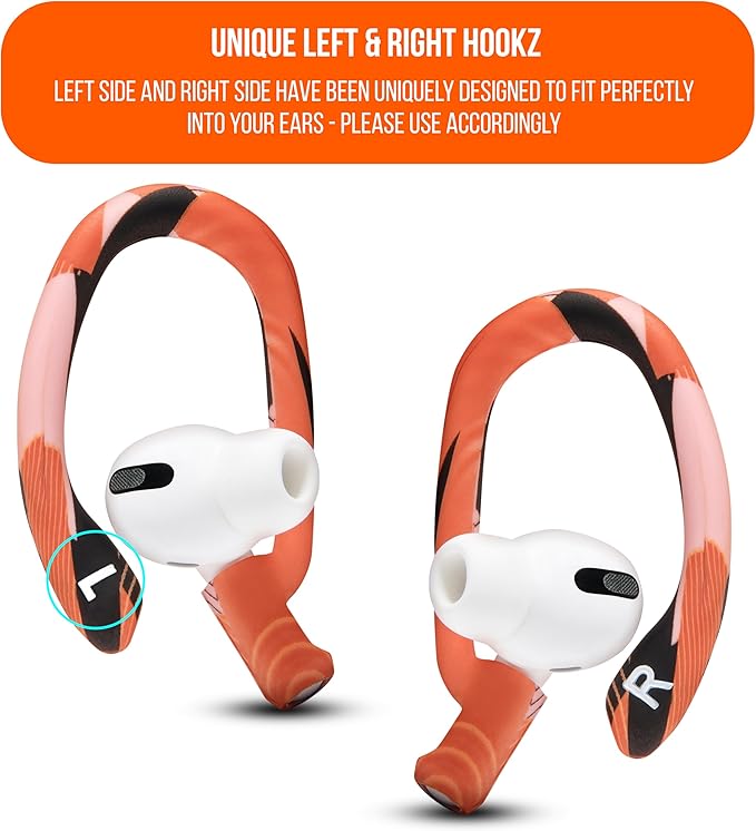 WC HookZ - Patented Upgraded Over Ear Hooks for AirPods Pro 1, 2 & AirPods 1, 2 & 3- Two Size Pairs Included in Package, Unique Left & Right Hook, Made by Wicked Cushions | Orange Prism