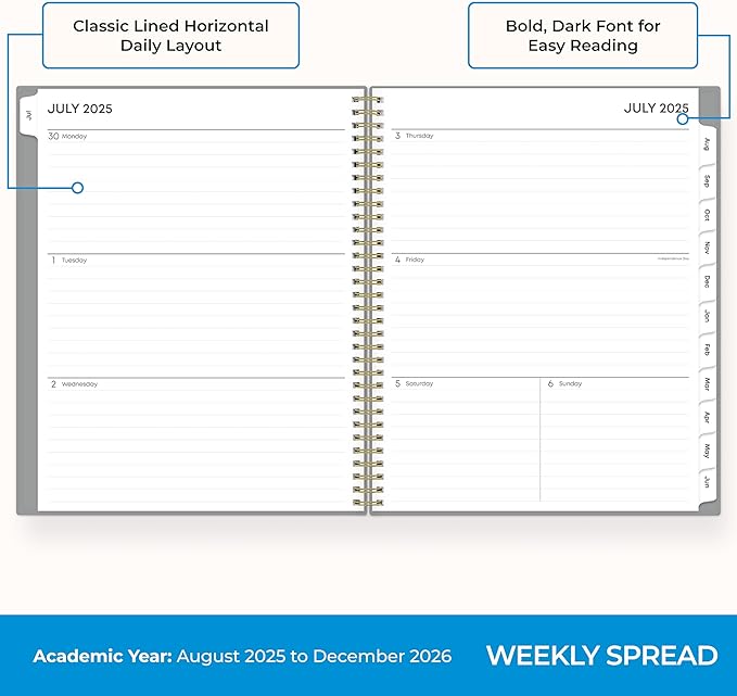Blue Sky 17 Month 2025-2026 Weekly and Monthly Academic Year Planner Calendar, August 2025 - December 2026, 8.5" x 11", Flexible Cover, Wirebound, Laminated Tabs, Silver Metallic