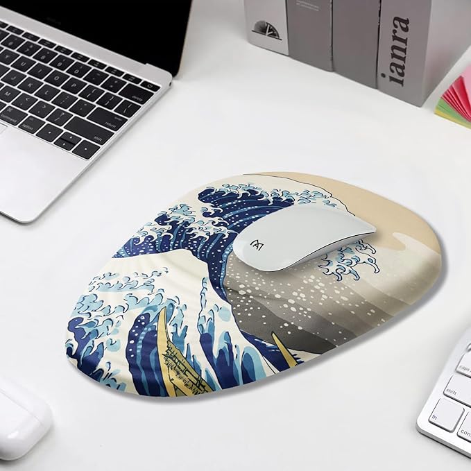 Ergonomic Mouse Pad Wrist Rest, Japanese Sea Wave Mouse Pad with Wrist Support, Memory Foam Massage Design & Non-Slip PU Base MousePads for Pain Relief, Desk, Office, Home, Kanagawa Wave