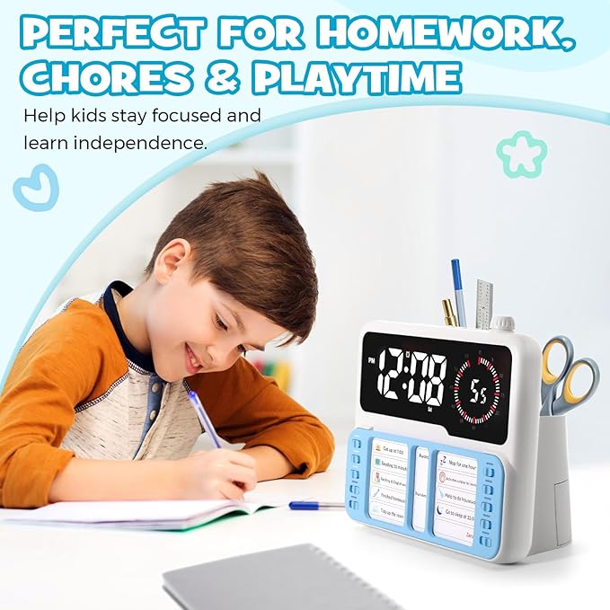7-in-1 Visual Timer for Kids & Adults with Task Planner – ADHD Time Management Tool with Alarm, Countdown, Calendar, Temperature Display & Storage – Ideal for Home, School (Blue)