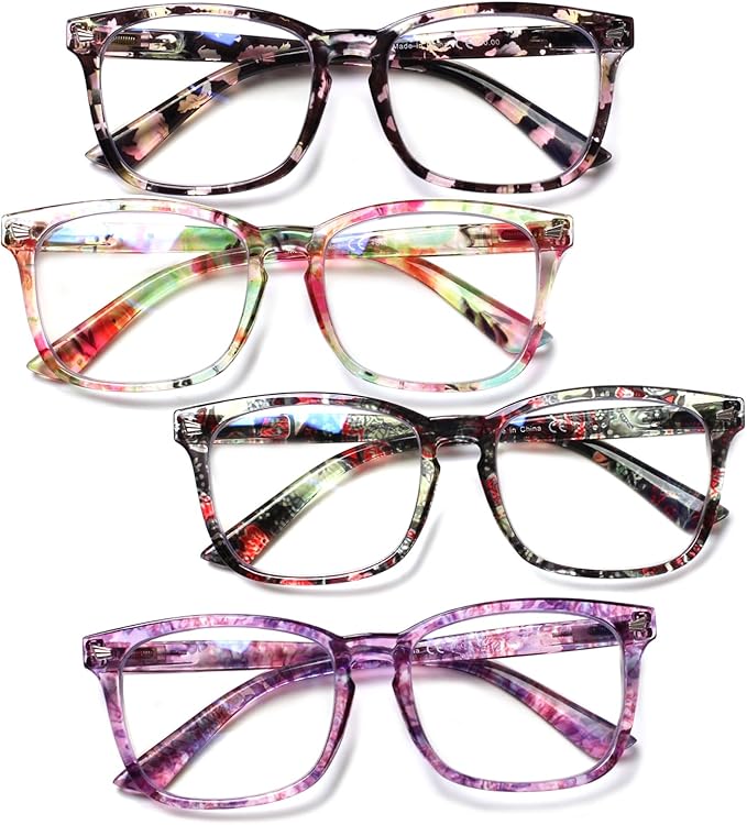 Henotin 4-Pack Blue Light Blocking Reading Glasses Women Men,Spring Hinge Computer Readers,Anti UV Ray Square Nerd Eyeglasses (Ladies Readers with Pattern Print, 1.5, Diopters)
