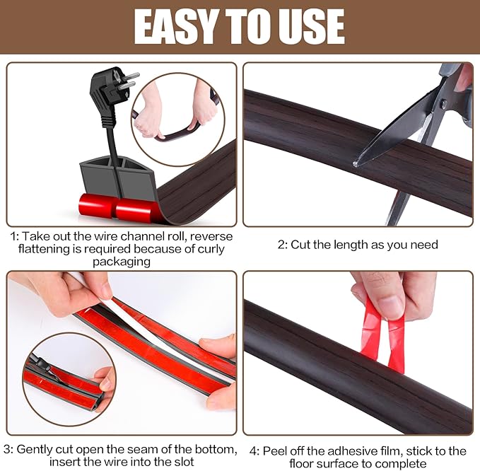 Floor Cord Cover Self Adhesive Cord Hider,10FT Cable Management, Extension Strip Protector for Wires, Prevent Cable Trips for Offices, Gyms, Exhibitions Cavity:0.39"(W) x 0.27"(H) Black Wood