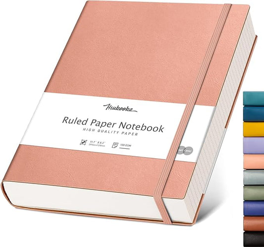 HIUKOOKA College Ruled/Lined Notebook- 320 Pages A4 Softcover Large Journal, 8.5''×11'', 100GSM Thick Paper, Faux Leather, Inner Pocket - Pink