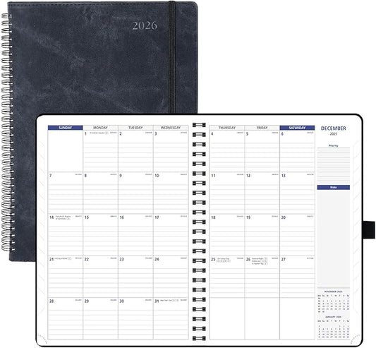 POPRUN 2026-2027 Monthly Planner A4 Size, 16 Months Calendar (Dec 2025-Mar 2027), 2 Pages per Month with Dotted & Lined Note, Monthly Tabs, Spiral Softcover, 2 Inner Pockets - Black