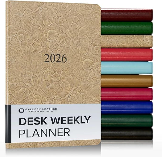 Gallery Leather Desk Weekly Monthly Planner 2025-2026, Elegantly Bound Calendar Planner and Notebook with Stylish Gold-Gilded Page Edges, 12 Months - Floral Latte - 8 x 5.5 "