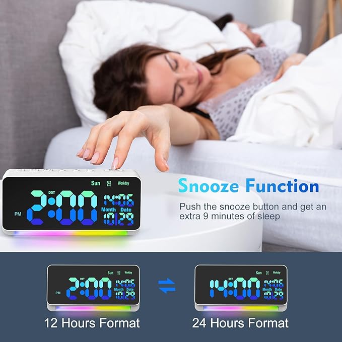 [120db Super Loud] Alarm Clocks for Bedrooms, 15 Wake Up Sounds, 7 Color Night Light, Dynamic RGB Color Changing, 0-100% Dimmer, Snooze, Large LED Display, Digital Clock for Heavy Sleepers Adults