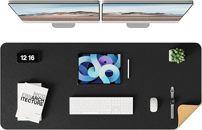 YSAGi Double-Sided Desk Pad, Leather Desk Mat, Eco Cork Desk Pad Protector, Large Mouse Pad for Desk, Waterproof Desk Blotter Pad, Desk Writing Pad for Office Work/Home (Black+Cork, 47.2" x 17")