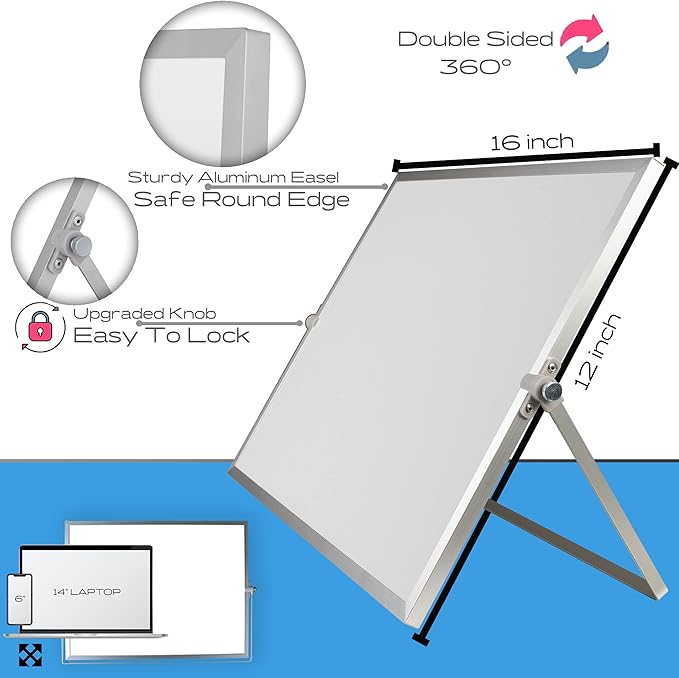 12x16 Magnetic Dry Erase Whiteboard – Double-Sided Desktop Board with Stand, 8 Markers, 4 Glass Magnets, Eraser, Marker Holder – Portable Wipe Off Board for Desk, Wall, School, Home