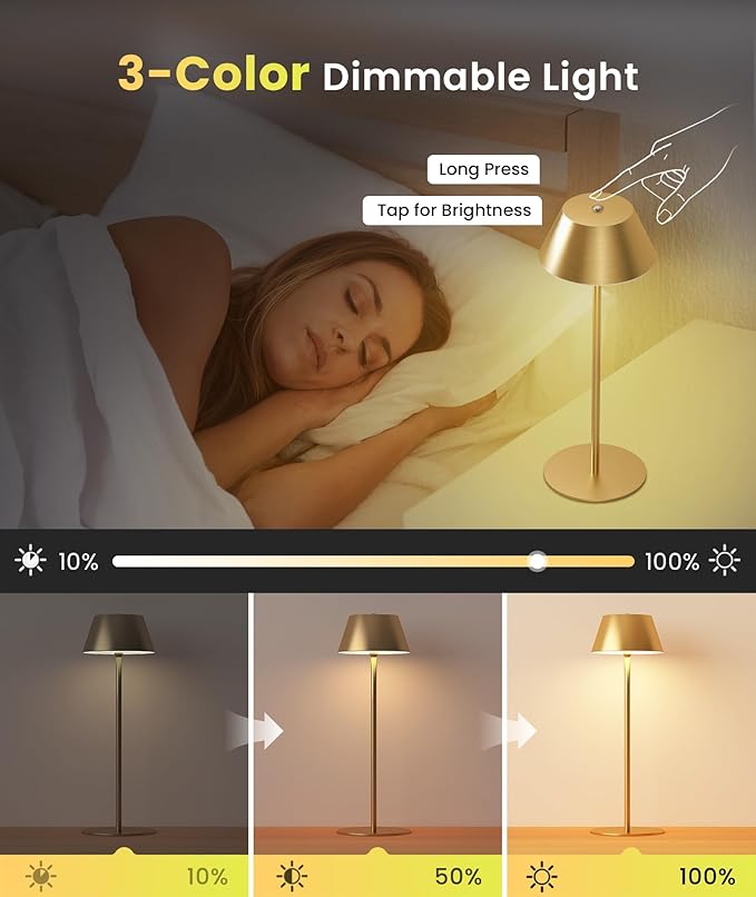 LOFTEK Cordless Table Lamp, 5200mAh Battery, 3 Adjustable Height (Gold, 1 Pack)