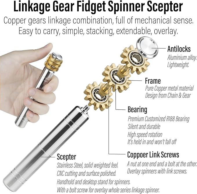 FREELOVE Gear Metal Fidget Spinner Toys for Adults, Small Mini Tiny Pockget Figette, Bike Chain, Copper Brass Hands Gyro, Quiet Silent Cool Cube for Anxiety Men (Gears Stacked Scepter, Silver)