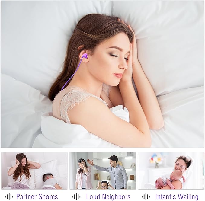 Tondiamo 200 Pairs Ear Plugs Reusable Silicone Earplugs with Cord Sleeping Individually Wrapped Hearing Protection Noise Cancelling Earplugs for Work Construction Shooting Sports(Purple)