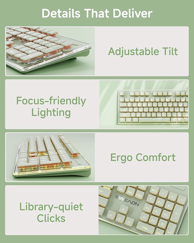 V3 Wireless Keyboard and Mouse with Single Backlit, Metal Panel, Bluetooth/2.4G Rechargeable Silent Keyboard and Mouse Combo Light up Full Size Cute Keyboards-Green