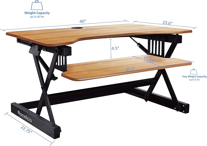 Rocelco 40" Large Height Adjustable Standing Desk Converter with Anti Fatigue Mat BUNDLE - Quick Sit Stand Up Computer Workstation Riser - Retractable Keyboard Tray - Black (R DADRT-40-MAFM)