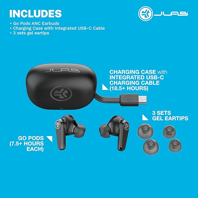 JLab Go Pods ANC True Wireless Bluetooth Earbuds & Charging Case, Hybrid Active Noise canceling + Be Aware for Safe Listening, 26+ Hours Total Playtime, Clear Calls, Custom Sound via App, Black