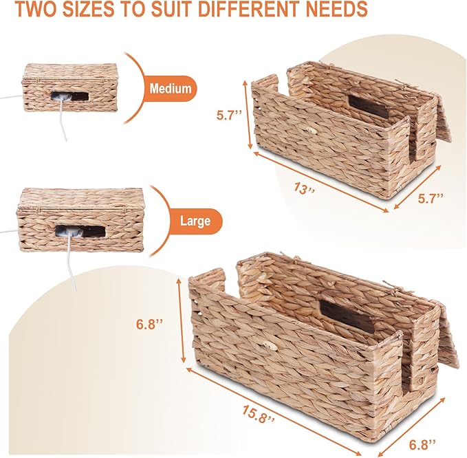 Cable Management Box, Handwoven Water Hyacinth Cable Organizer Box Set, 2-Pack Natural Water Hyacinth Cord Hider Box with Dual Openings & Lid - Hide Power Strips, Cords for Desk/Floor/Office