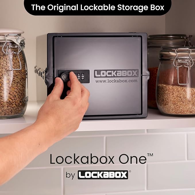 Lockabox One™ | Compact and Hygienic Lockable Storage Box for Food, Medicines, Tech and Home Safety | One Size 12 x 8 x 6.6 inches externally (Jet)