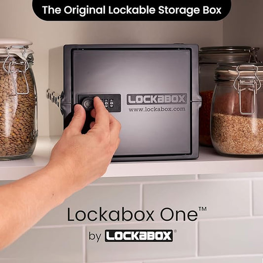 Lockabox One™ | Compact and Hygienic Lockable Storage Box for Food, Medicines, Tech and Home Safety | One Size 12 x 8 x 6.6 inches externally (Jet)
