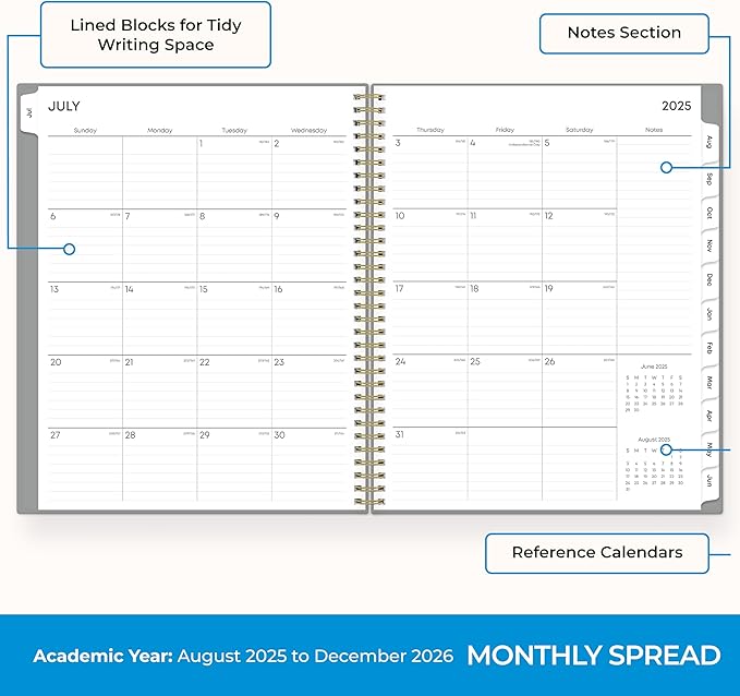 Blue Sky 17 Month 2025-2026 Weekly and Monthly Academic Year Planner Calendar, August 2025 - December 2026, 8.5" x 11", Flexible Cover, Wirebound, Laminated Tabs, Silver Metallic