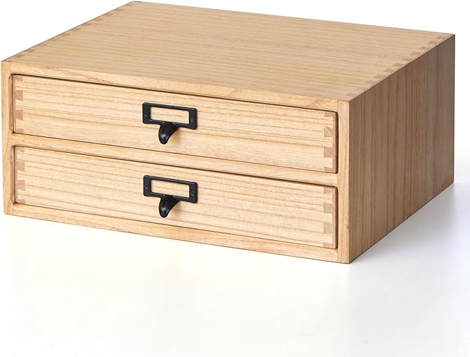 Kirigen Natural Wood Desktop Storage Cabinet -Shallow Type Drawers - Fax Stand with metal handle - Small File organizer Size 13.78"L*10.6"W*5.9"H(NA, 2-Layer &2 Drawers)