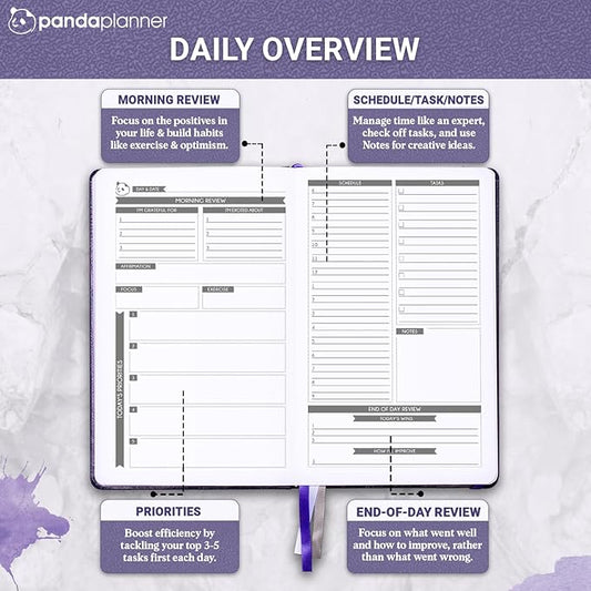 Panda Planner Classic Daily Planner 2025-2026 – Undated Day Planner & Productivity Calendar Notebook for Focus, Goals & Time Management – Purple