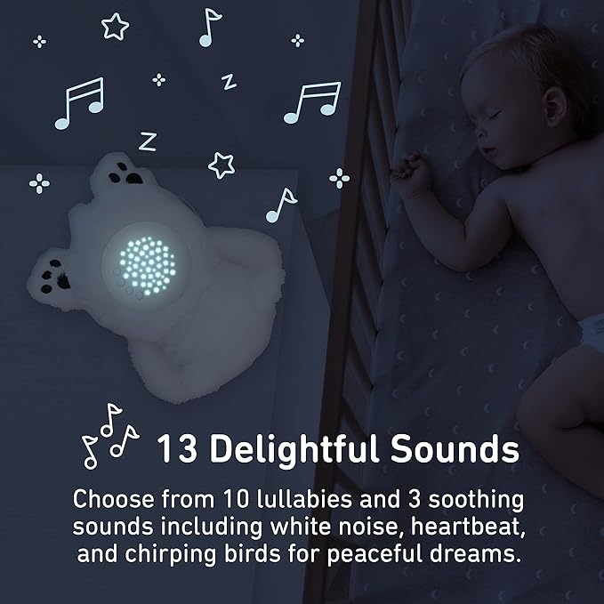PureBaby Sound Sleepers Portable Sound Machine & Star Projector - Plush Sleep Aid for Baby and Toddlers with Soothing Night Light Display, 10 Lullabies, White Noise, and Heartbeat Sounds (Polar Bear)