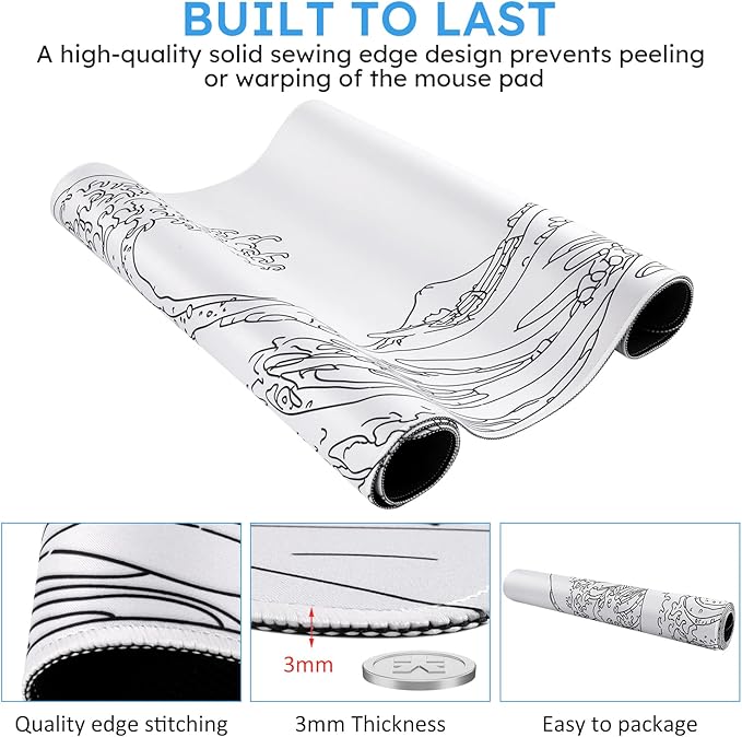 iCasso White Mouse Pad, Extended Gaming Mouse Pad (35.4x15.7 in), Large Stable Rubber Base Mousepad with Stitched Edges, Keyboard Mouse Mat Desk Pad for Work, Game, Office, Home