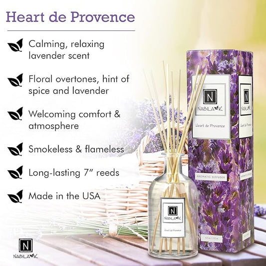 Nabila K Heart de Provence Reed Diffuser Set – French Lavender Aromatic Oil for Home – Long-Lasting, Smokeless Scent – Made in USA – Includes Reeds + Bottle – Flameless Candle Alternative