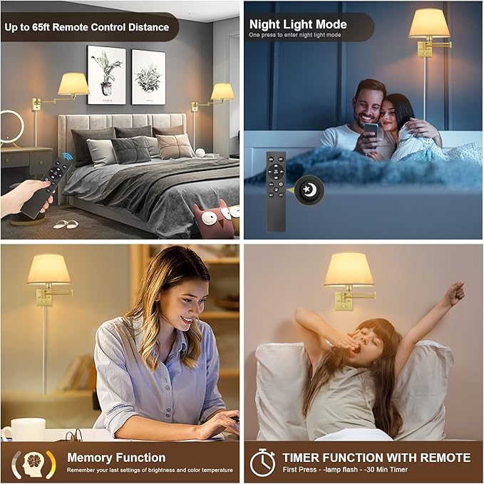 TRLIFE Remote Control Dimmable Wall Sconce, Adjustable Color Temperature 2700K-6500K Brushed Brass Swing Arm Wall Lights with Plug in Cord, 11.8" Large White Shade(2 Pack, 2 Bulbs)