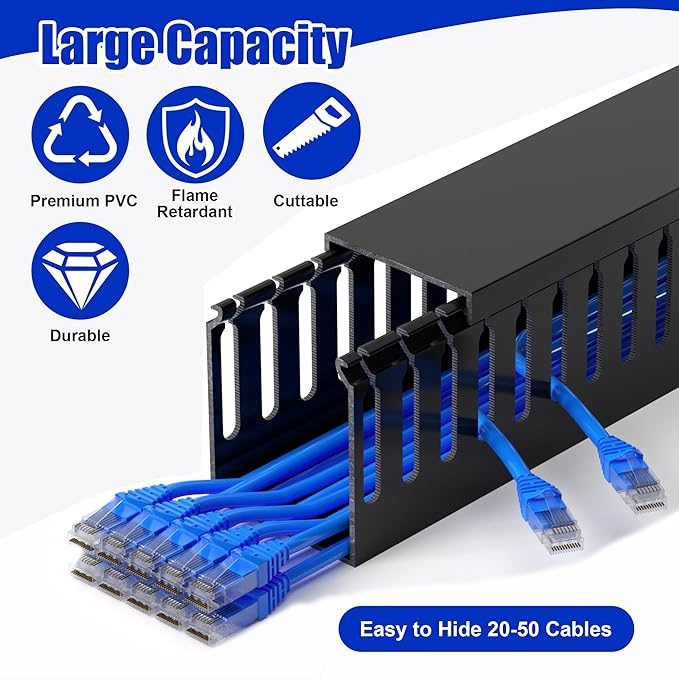 99in (6x L16.5in) Professional Server Rack Cable Management Raceway, H2.4in x W2in Large Capacity Cable Raceway Kit, Electrically Safe PVC, Open Slot Wire Raceway for Under Desk/Computer/Network Cords