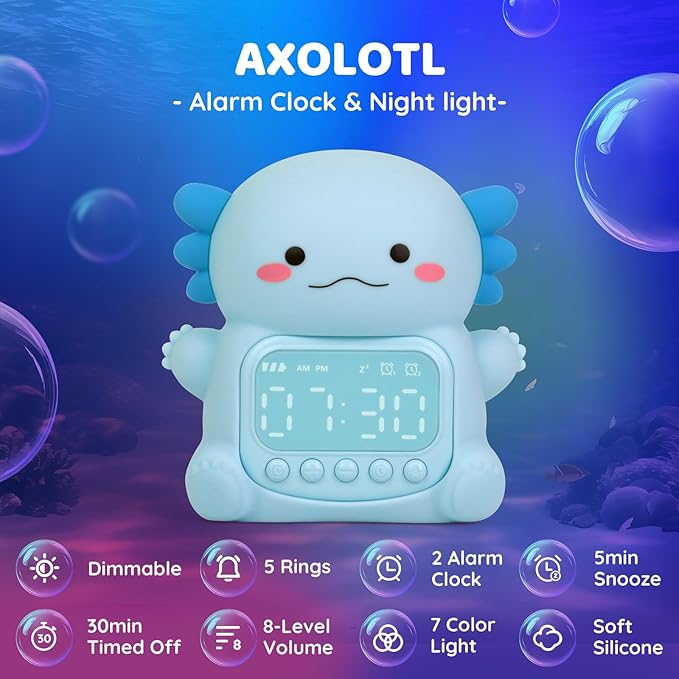 Axolotl Alarm Clock with Night Light for Kids, Rechargeable Silicone Lamp Time to Wake Clock Cute Animal Tabletop Lamp, Perfect Sleep Companion for Boys Girls, Blue