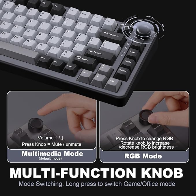 YUNZII B75 PRO Wireless Mechanical Keyboard,75% Layout with Knob,Hot Swap Gasket Structure,Creamy Pre-lubed Switches,RGB Backlit,Bluetooth/Type-C/2.4G for Win/Mac (Dark Grey, Milk Switch)