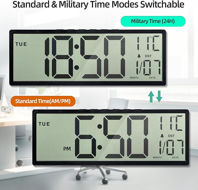 Digital Wall Clock Battery Operated, 15" Digital Clock Large Display with Date and Day of Week, Large Number with Temperature, Auto DST, Alarm, Snooze, 12/24-hour for Desk Office