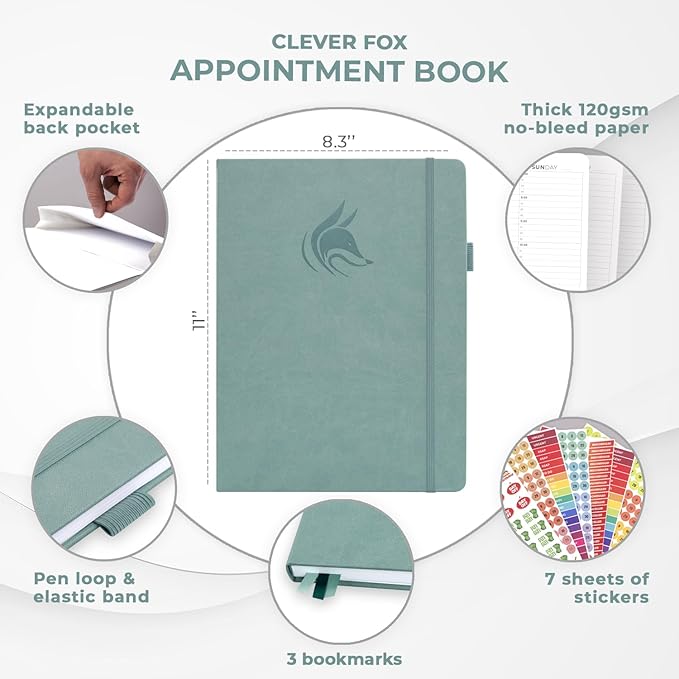 Clever Fox Appointment Book – Hourly Schedule Planner with 15-Minute Increments – Time Box Planner for Daily Work & To-Dos – Weekly & Monthly Spreads, Undated, Hardcover, 8.3x11″ (Blue Surf)
