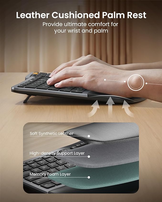 Backlit Bluetooth Ergonomic Keyboard, ProtoArc EK01 Plus Full Size Wireless Split Keyboard with Dual Bluetooth and USB, Cushioned Wrist Rest, Rechargeable for Windows/Mac/Android, Grey Black