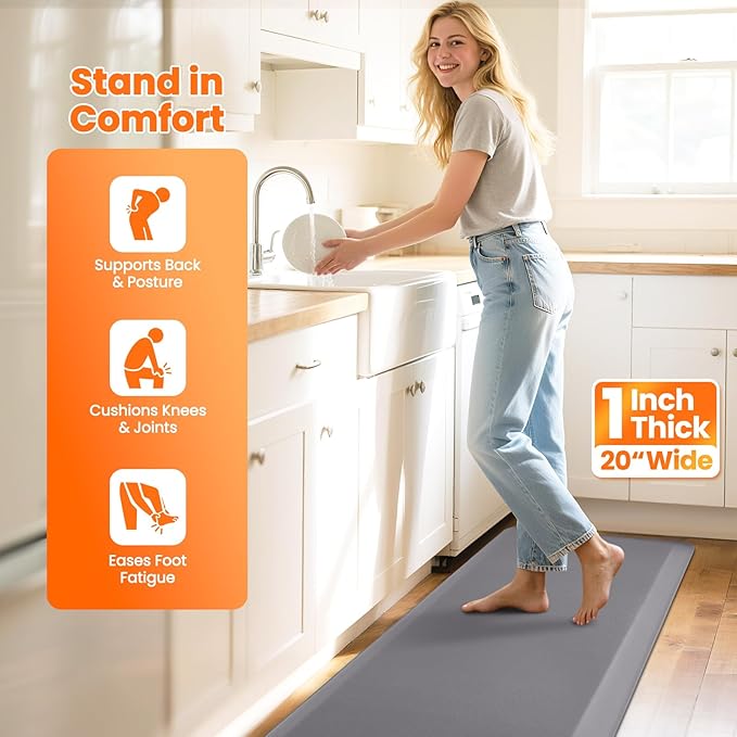 Kitchen Mats for Floor, 1 Inch Extra-Thick Kitchen Rugs, Non-Slip & Waterproof Standing Desk Mat, Comfort Anti Fatigue Mats for Kitchen Floor, Home, Sink, Office (20" X 72", Grey)