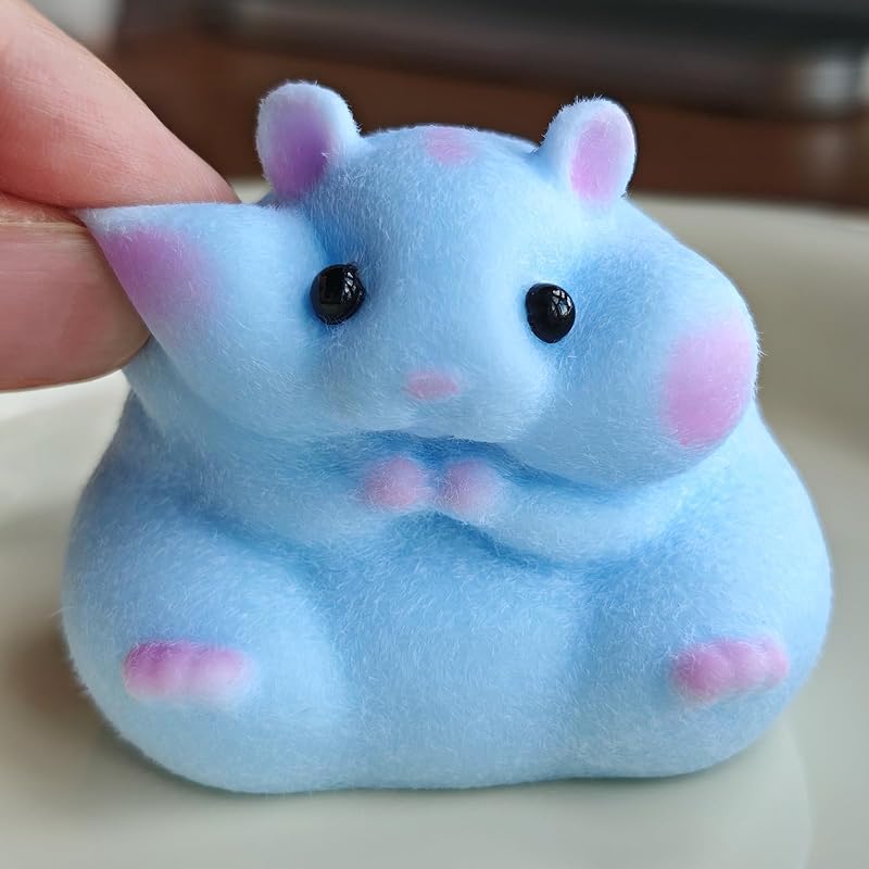 Handmade Flocked Hamster Taba Squishy Toy - Cute Realistic Silicone Animal Fidget Sensory Toy, Ultra-Soft Stress Relief Squeeze Toy for Relaxation Gift (Blue)