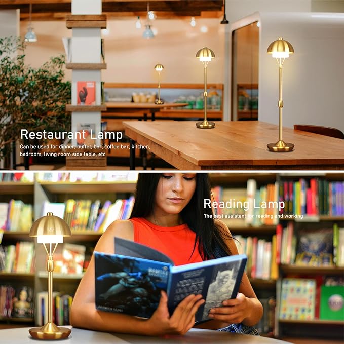 Modern Table Lamp Cordless Portable Desk Lamp, 2700K Stepless Dimming Rechargeable Battery Operated LED Lights for Bedroom, USB-C Charging, Restaurant/Bar/Night Light/Gifts (Antique Brass)
