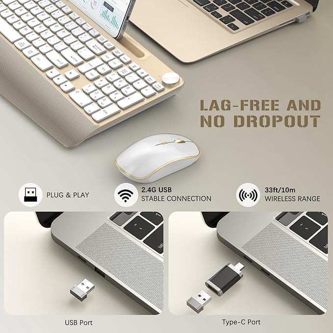 JOYACCESS Ergonomic Wireless Keyboard and Mouse Combo, Full-Sized Keyboard with Wrist Rest and Tablet Holder, Volume Roller for Computer PC Laptop-Gold&White