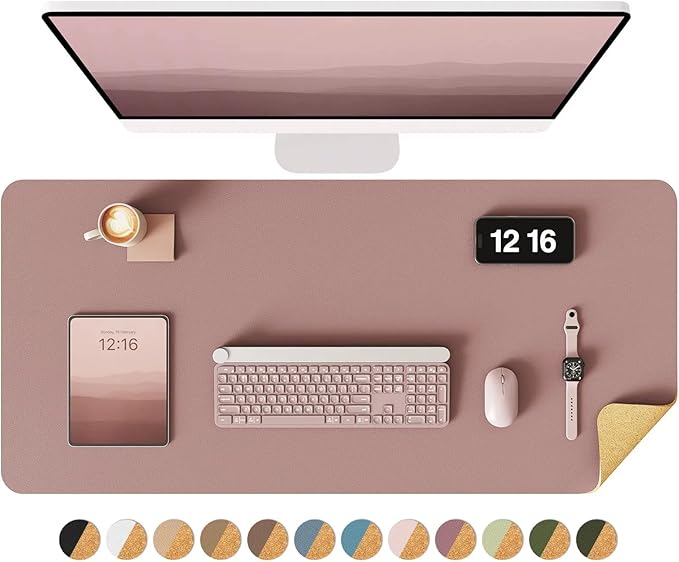 YSAGi Double-Sided Desk Pad, 35.4"x17" Leather Desk Mat, Eco Cork Desk Pad Protector,Large Mouse Pad,Waterproof Desk Blotter for Office/Home (Pale Mauve/Cork)