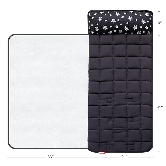 Toddler Sleeping Bag Nap Mat Black with Fleece Blanket, Lightweight, Soft Perfect for Kids Preschool, Daycare, Travel Sleeping Bag Boys Girls, 21" x 50" Fit Standard Cot